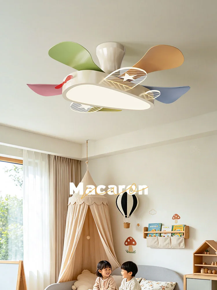 Kids Ceiling Fan with Light Airplane Cartoon Macaron Color Silent Low Noise Eye Protection for Children Room Bedroom Decor