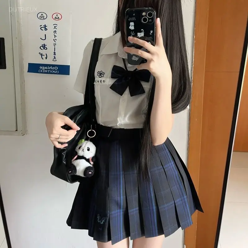 Fashion Vintage Butterfly Embroidery Contrast Color Plaid Skirts Women Japanese Jk Sweet Y2k Jupe All-match Casual Pleated Falda