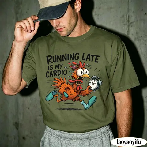 Running Late Is My Cardio T Shirt Funny Running Chicken Alarm Clock Graphic Casual Tee for Men Humor Lazy Quote Gift Daily Tops