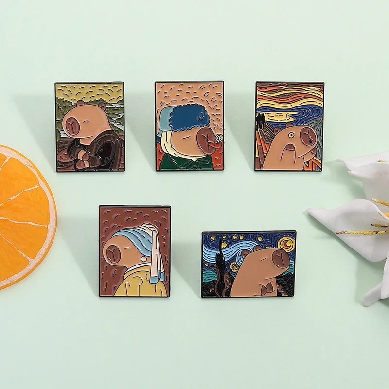 2-5pcs/set Anime Cartoon Animal Enamel Pins Oil Painting The Scream Cat Capybara Brooches Lapel Badge Jewelry Gifts For Friends