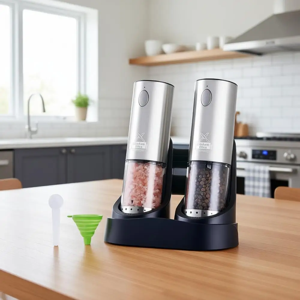 

Набор электрических мельниц для соли и перца, перезаряжаемый, емкость 95 мл, 6 уровней помола, светодиодная подсветка, зарядная база и аксессуары