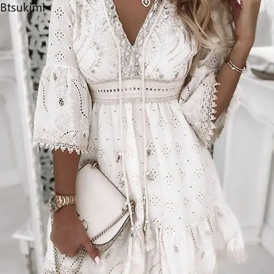 

2024 Women's Summer White Lace Beach Dress V Neck Hollow Out Boho A-line Dress Elegant Embroidery Holiday Mini Dresses Vestidos