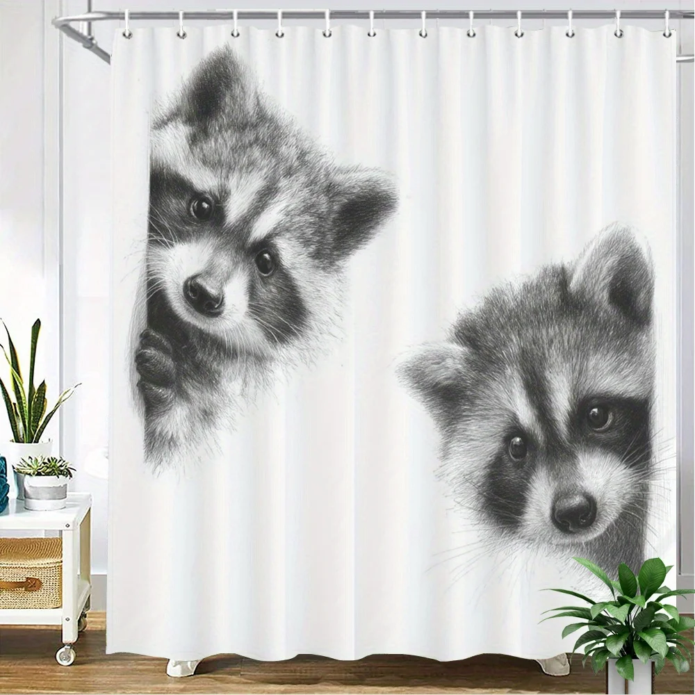 Raccoon Shower Curtain Hooks 2D Flat Print Sketch Two Heads Black White Fur Eyes White Background Polyester Washable