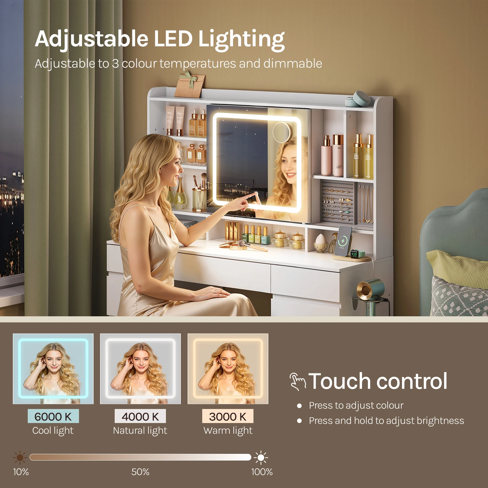 WOLTU Schminktisch für Mädchen mit verstellbarer LED-Beleuchtung, Schminktisch mit 9 Schubladen und Schiebespiegel für Schlafzimmer – Detail 11