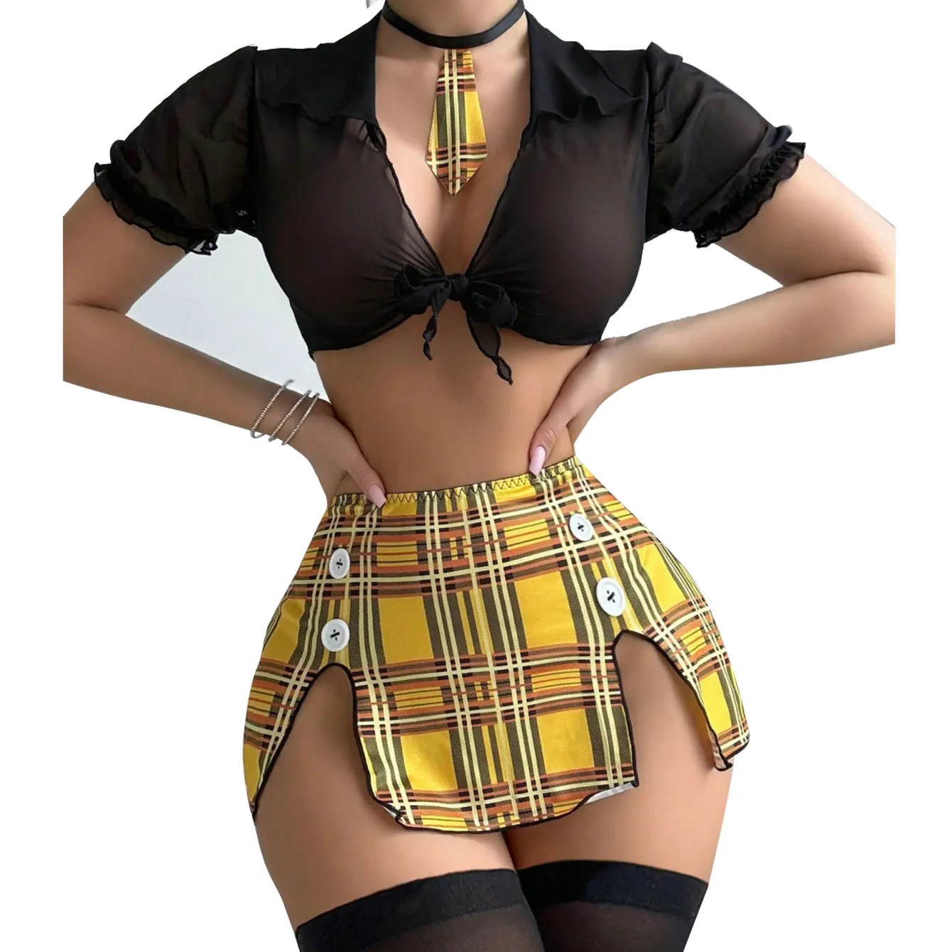 

Комплект женского белья: сексуальный костюм школьницы, прозрачный сетчатый топ на завязках и мини-юбка, красное рождественское платье-бэбидолл для вечеринок