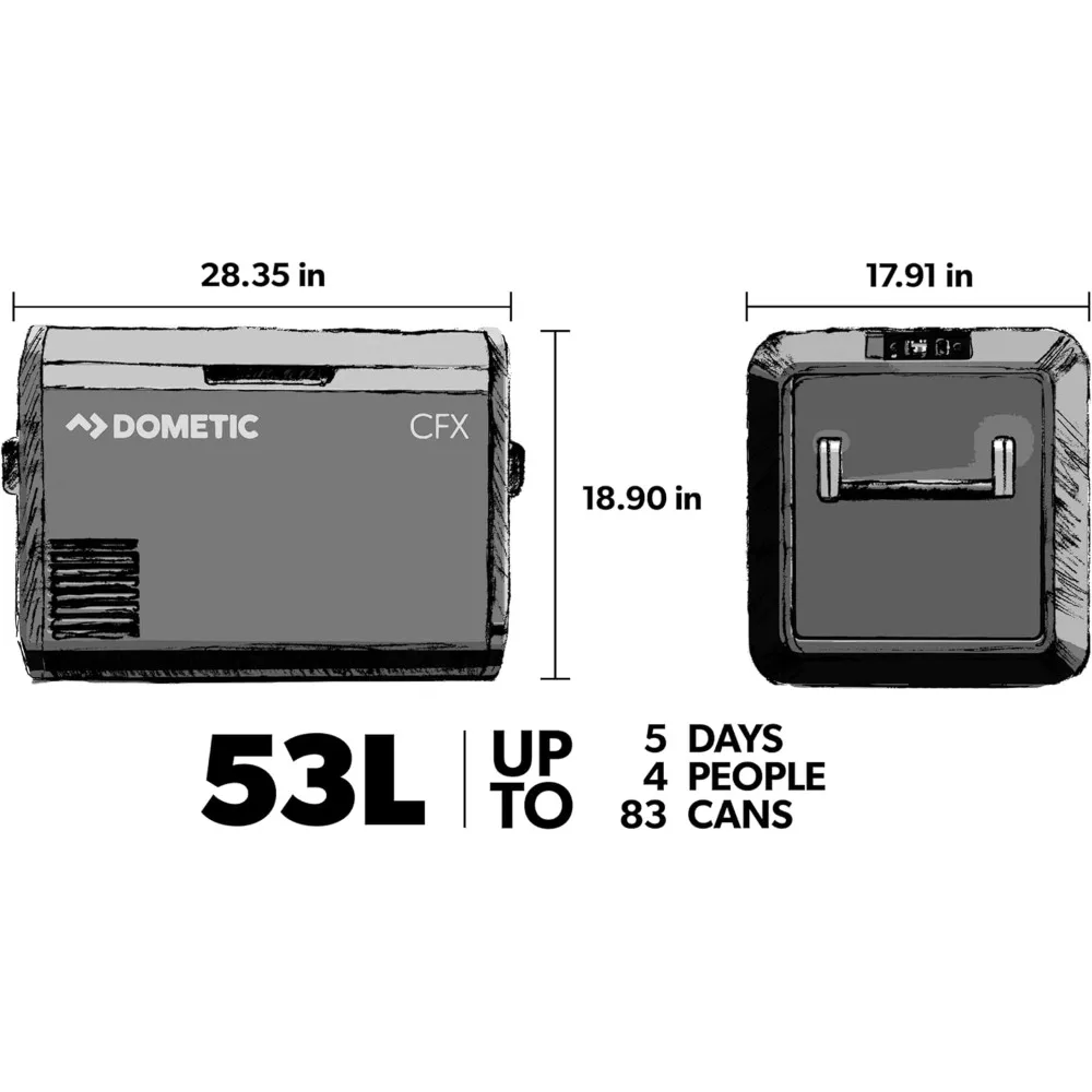 ポータブル冷蔵庫と製氷機付き冷凍庫、55リットル、AC/DCまたはソーラーで動作