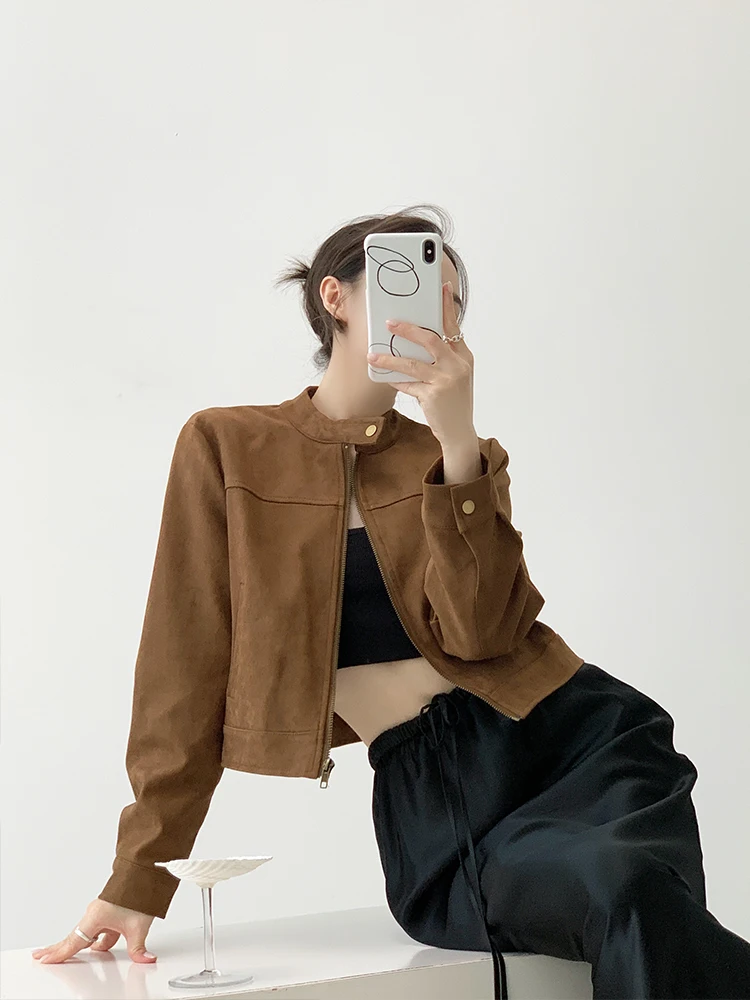 YAHI Autumn New Style Mermaid Suede Short Jacket Women's Slimming Vintage Coat Stand Collar Zipper Casual Fashion Ladies' Out...
