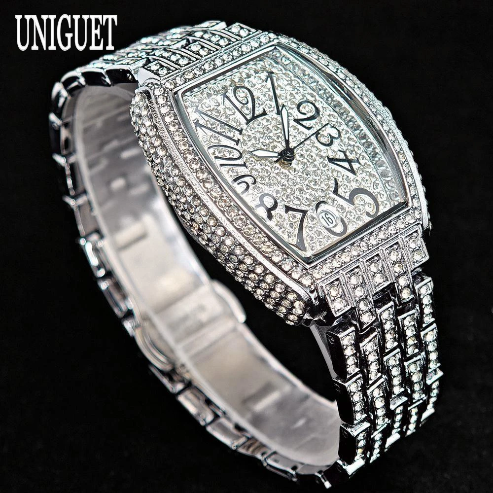 UNIGUET Diamond Watch For Women Luxury Stainless Steel Quartz Wrist Watch Elegant AAA Jewelry Tonneau Watch Ladies Hot Selling