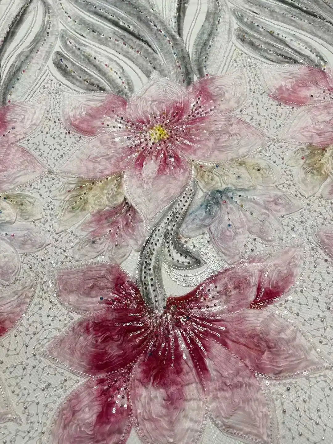 

2026Best Quality Austria Delicate Elegant Soft Chiffon Beaded Tube Lace with Stones Fabric for Party Evening Dress NN5978_R