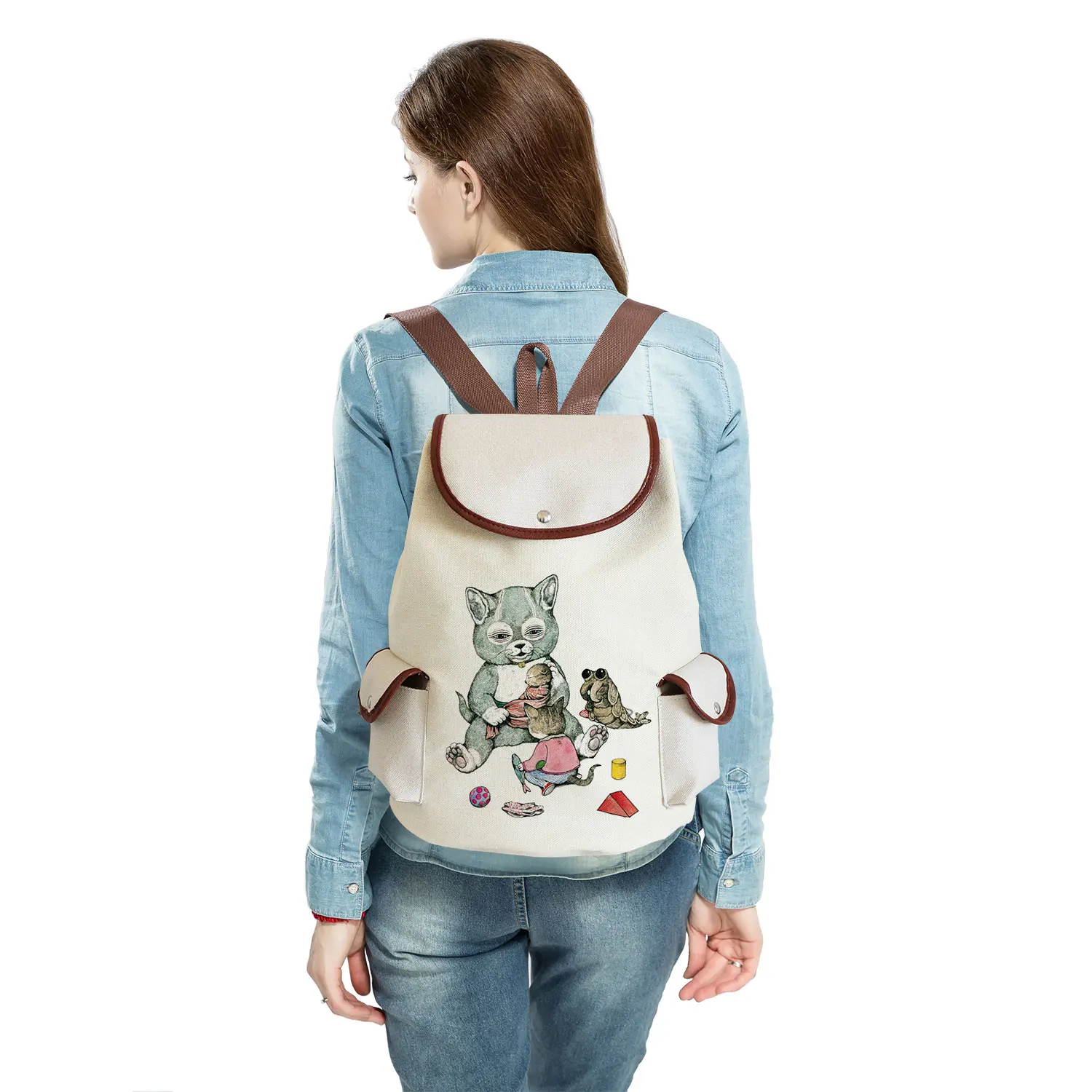 Cute Animal Print Backpack Children\'s School Large Capacity Book Bags Open Pocket Cartoon Cat Rabbit Pattern Backpack Customized