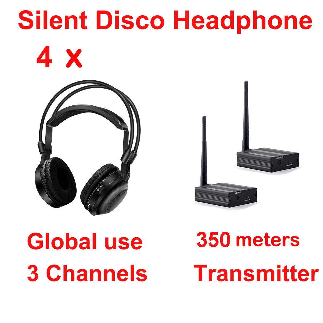 350m 2 Channel RF Headset 4pcs Classical Silent Disco Wireless Headphones- For DJ Music Pary Club Meeting