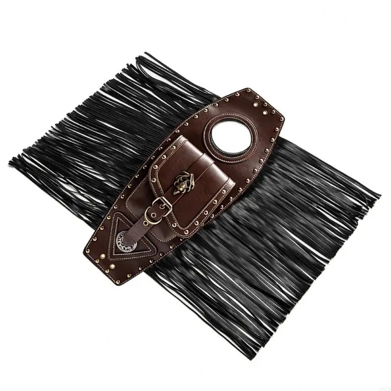Motorcycle Hanging Storage Bag for Tank or Body Area, Brown Coffin with Fringe, Front Pocket and Tie Rope for Daily Carry Use