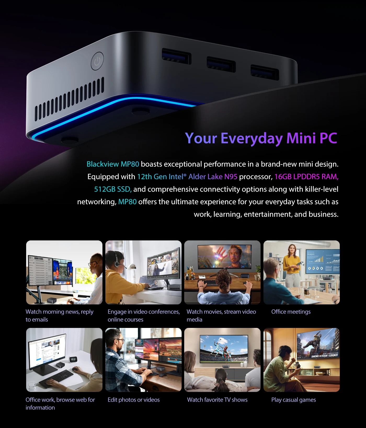 Blackview MP80 Mini PC 12th Gen Intel Alder Lake N95  N97 DDR5 16GB 512GB SSD VESA Mini Desktop Computer 4K HDMI Windows 11 Pro