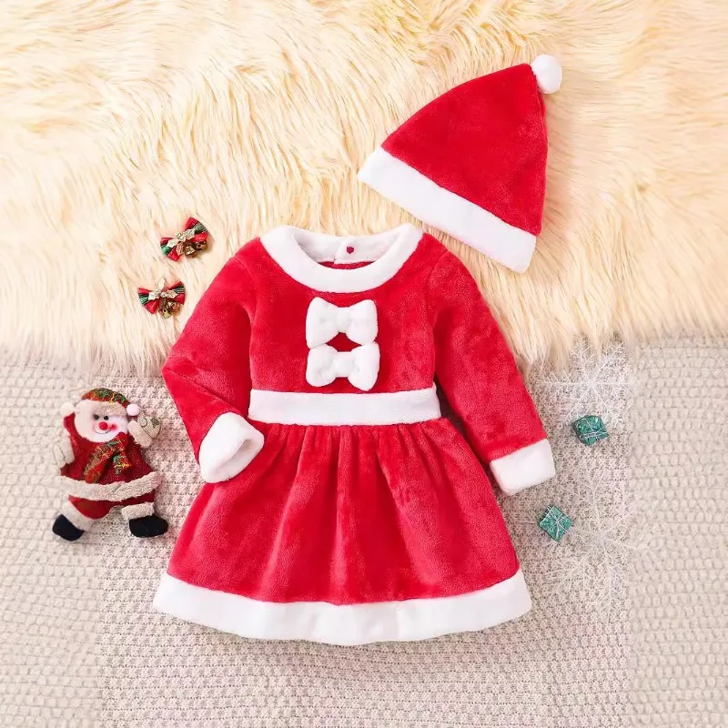 Newborn Infant Baby Girls Santa Claus Dress Costume Red Plush Velvet with White Fur Trim Hat Outfit Party 0 24M