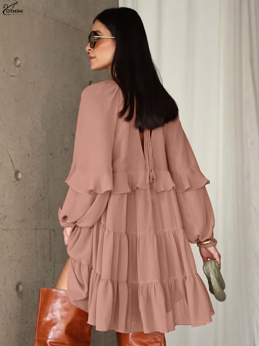 Oymimi Casual Orange Loose Dresses 2025 Woman Fashion V-Neck Ruffled Long Sleeve Dresses Elegant Open Back Pleated Mini Dress