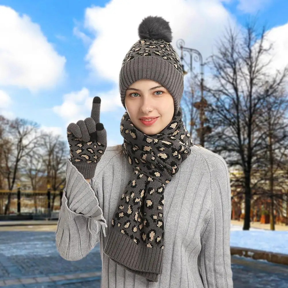 Winter Cold Resistant Knitted Hat Set Trendy Women's Leopard Print Warm Woolen Hat Scarf Gloves Three Piece Set Touchable Screen