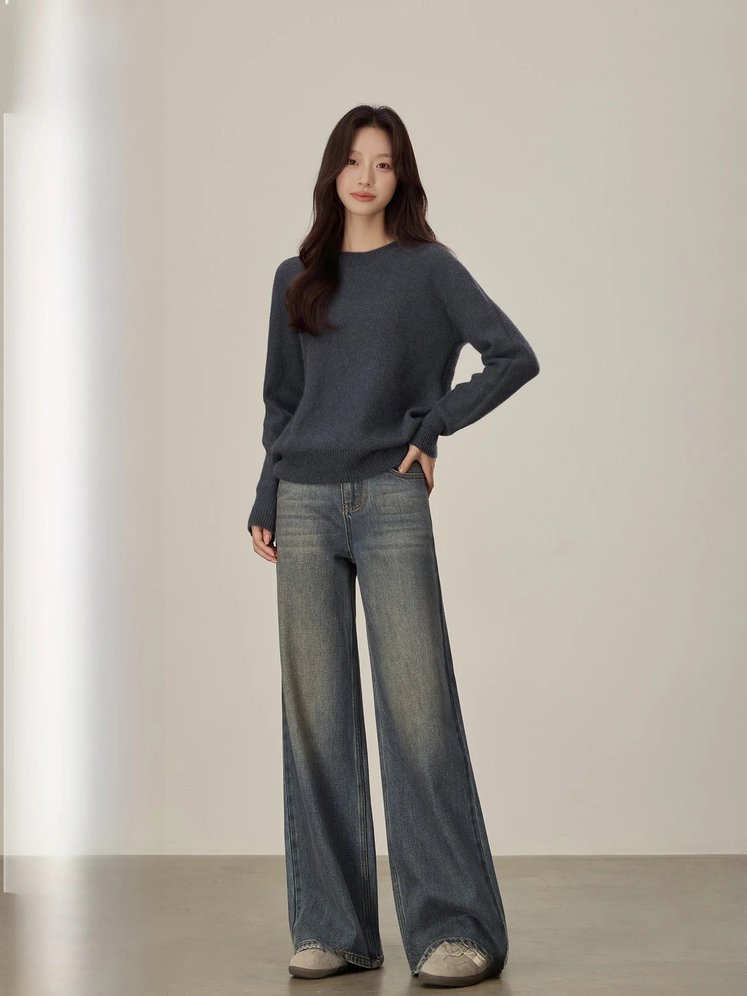 

Risen Petite синие джинсовые брюки с высокой талией и широкими штанинами, женские осенне-зимние джинсы выше иллюзии прямого кроя