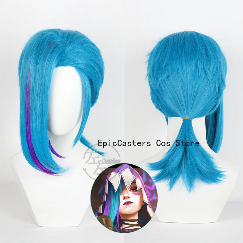 Vi Jinx Parrucca Cosplay Arcane Stagione 2 Vi 45 cm Capelli neri Jinx 45 cm Capelli blu Donna Uomo Halloween LOL Gioco di ruolo Parrucca + Protezione parrucca