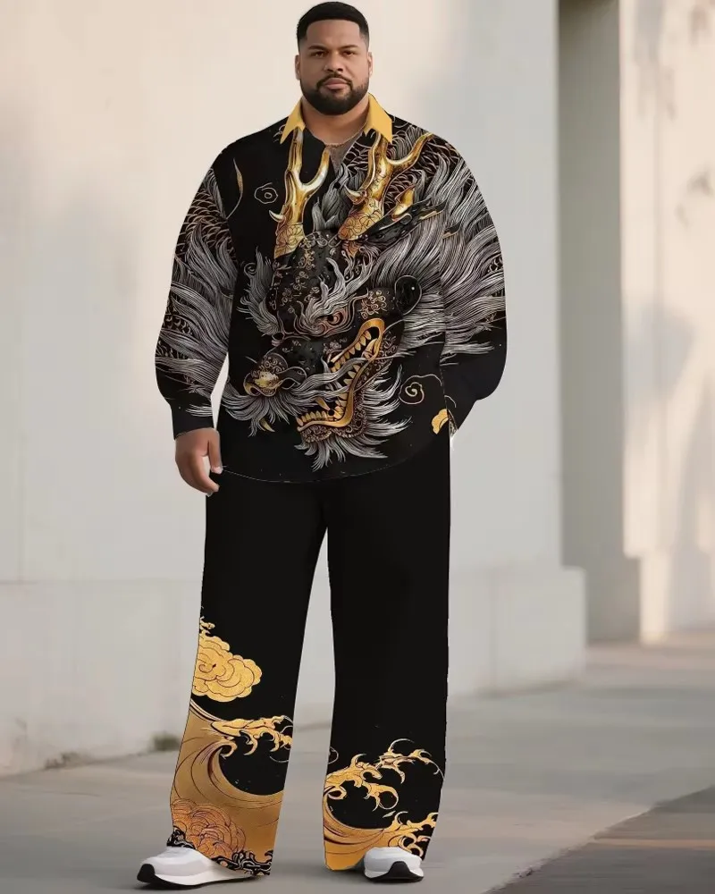 S-9XL Big Size Men's Lion & Dragon Print Patchwork Long Sleeve Shirt And Long Pants 2-Piece Matching Outfit