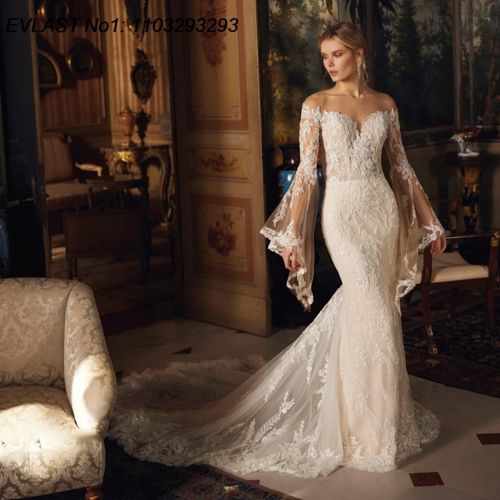 

EVLAST Customized Elegant 2025 Mermaid Lace Wedding Dress Applique Beading Long Sleeve Bridal Gown Women Vestidos De Noiva TMD65