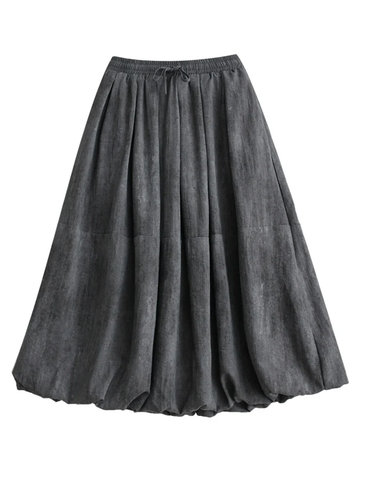 2026 Spring Autumn New Vintage High Waist Pleated Skirt Women Plus Size Fashion Drawstring Loose Casual Midi Skirts Clothing