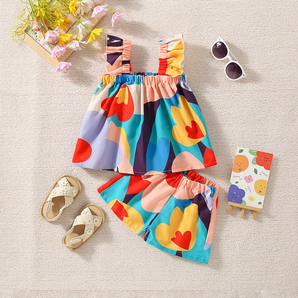 

Baby Girl Clothes Set Flower Printed Flying Sleeved Top with Shorts Summer Comfortable Kids Clothes