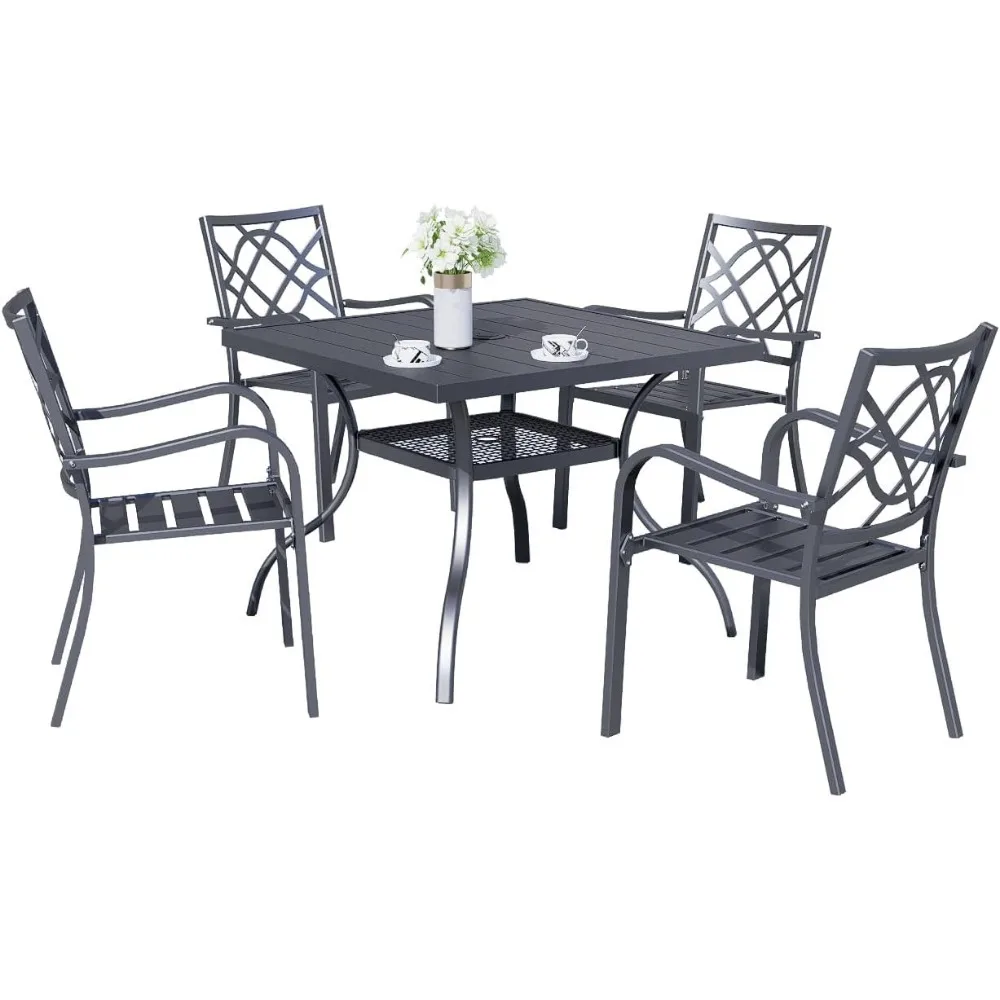 5 piece outdoor dining set, patio metal dining sets, 4 stackable metal chairs and square outdoor dining table with 1.57