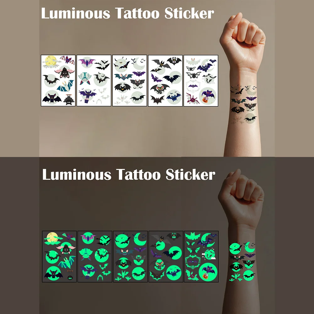 

Светящаяся татуировка на Хэллоуин, ужас, светящееся лицо, тело, летучая мышь, полнолуние, ночь, наклейки, 6 листов, костюм призрака, паутина, вечерние принадлежности