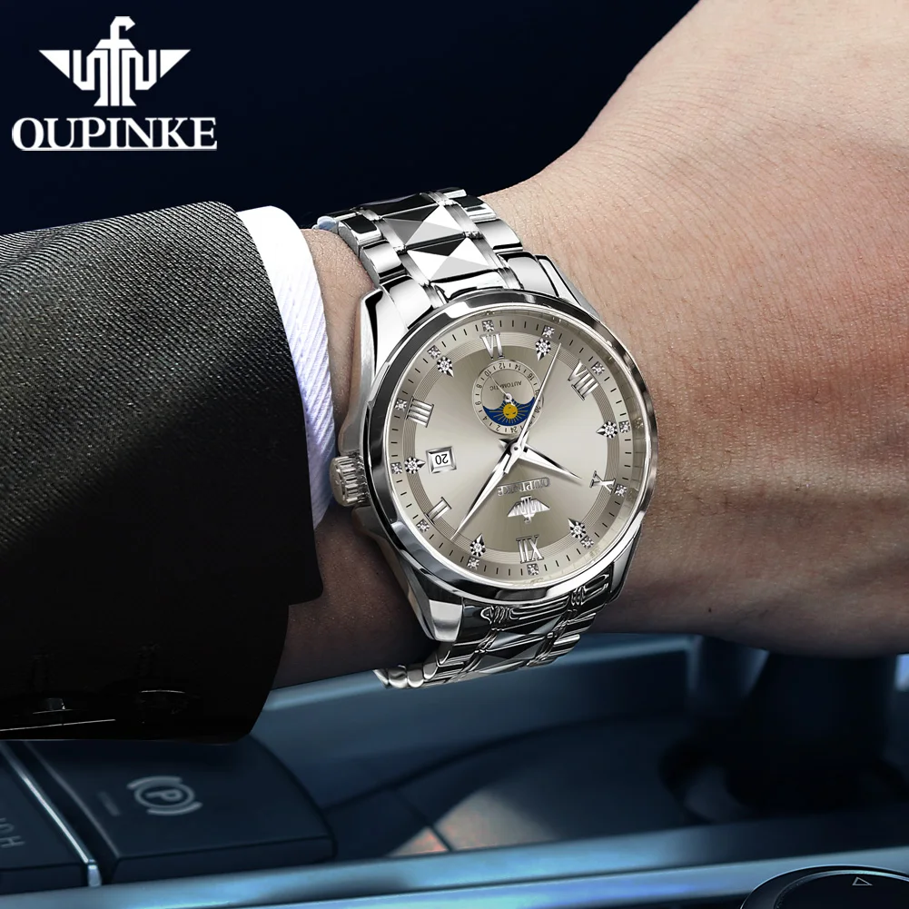 OUPINKE 3265 ساعة رجالي أصلية فاخرة من أفضل العلامات التجارية ساعة ميكانيكية أوتوماتيكية 50 متر مقاوم للماء مرحلة القمر تاريخ ساعة جودة عالية