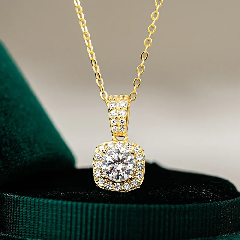 Lumira Sparkling 18K Gold Classic Square Wrapped Diamond-studded Pendant with 1 Carat Moissanite Necklace for Women Jewelry