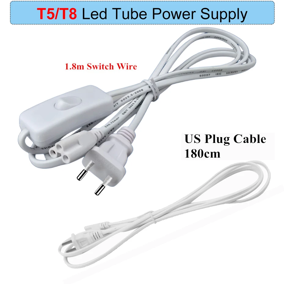 180cm EU plug Switch Cable /30cm Double Contactor Power Supply/180cm US Plug Power Cable Wire Use for T5 T8 Led Tube Light