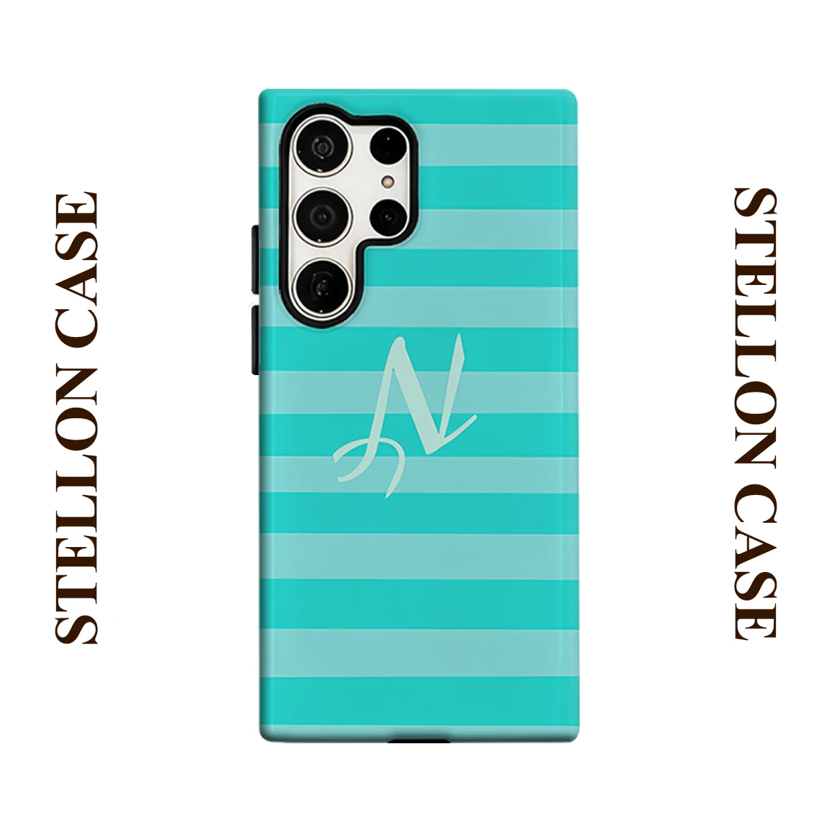 Turquoise Stripe Custom Initial N Phone Case for Samsung Galaxy S26 S25 Ultra S24 S23 Ultra Plus Glossy Double-layer Back Cover