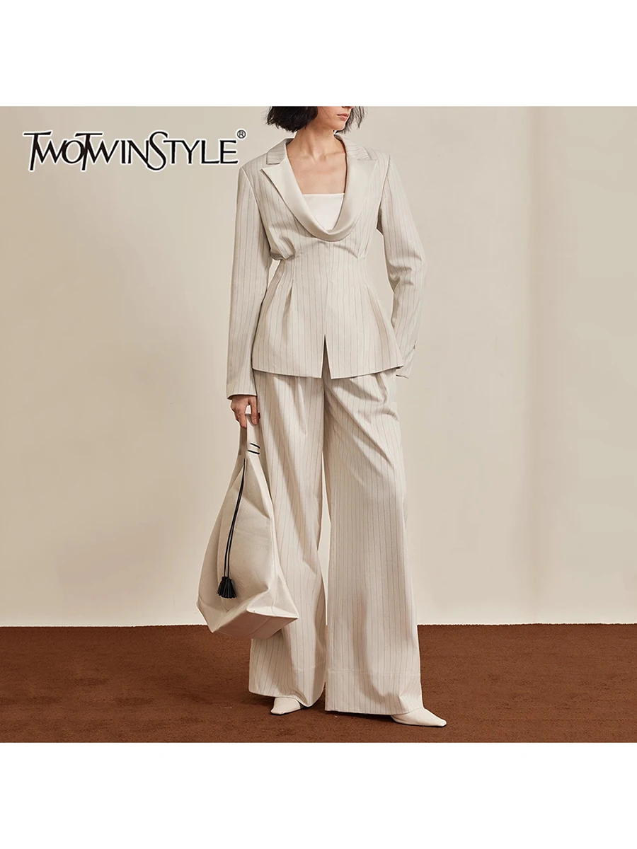 

TWOTWINSTYLE Полосатые комплекты из двух предметов для женщин, туника с длинными рукавами и лацканами, лоскутный топ на молнии, комплект с широкими штанинами и высокой талией, женский