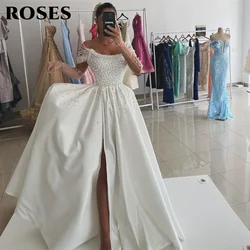 ROSES White Elegant Off The Shoulder Prom Dress Sweetheart Pearl Formal Gown for Woman Satin High Split Wedding Party Dresses