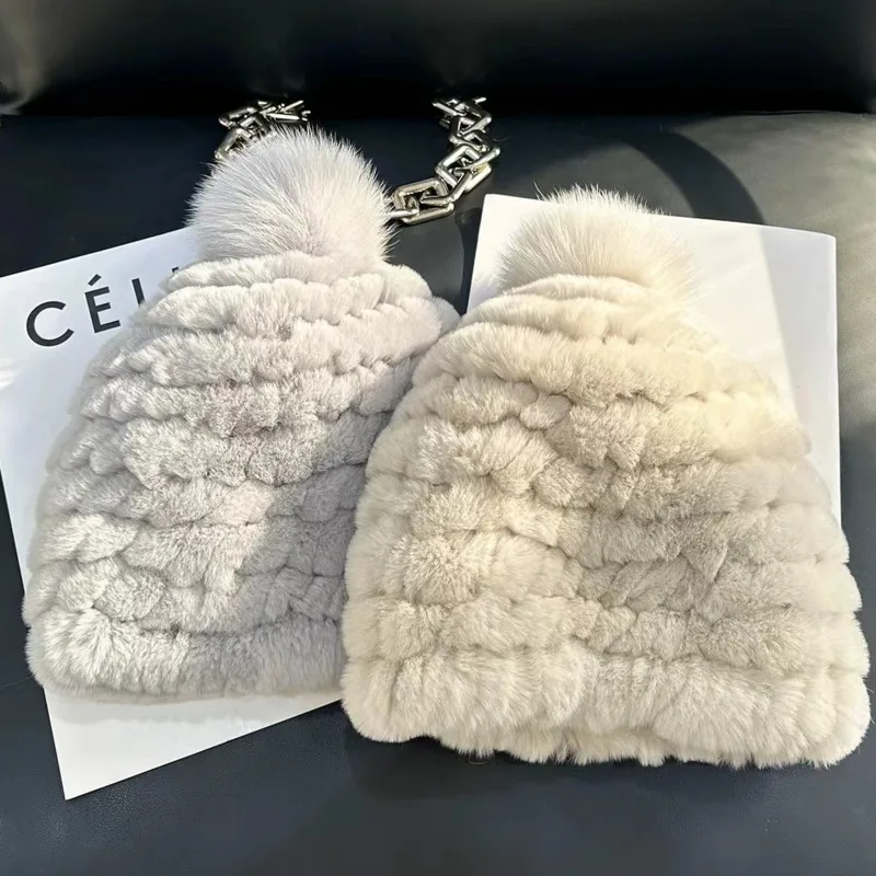 Real Rex Rabbit Fur Hat Fashion Bomber Hat With Fox Fur Ball Thickened Warm Ear Protection Hat Winter Good Elastic Real Fur Hats