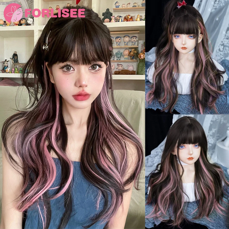 Long Wave Wig Women Wig with Bangs Highlight Powder Cospaly Lolita Daily Synthetic Wigs Heat Resistant Fiber Natural Fake Hair