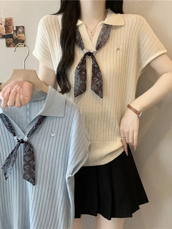 

plus Size Casual Neck Beaded Short Sleeve Knitwear Summer New Style Slimming Versatile Design Silk Scarf Top for Women