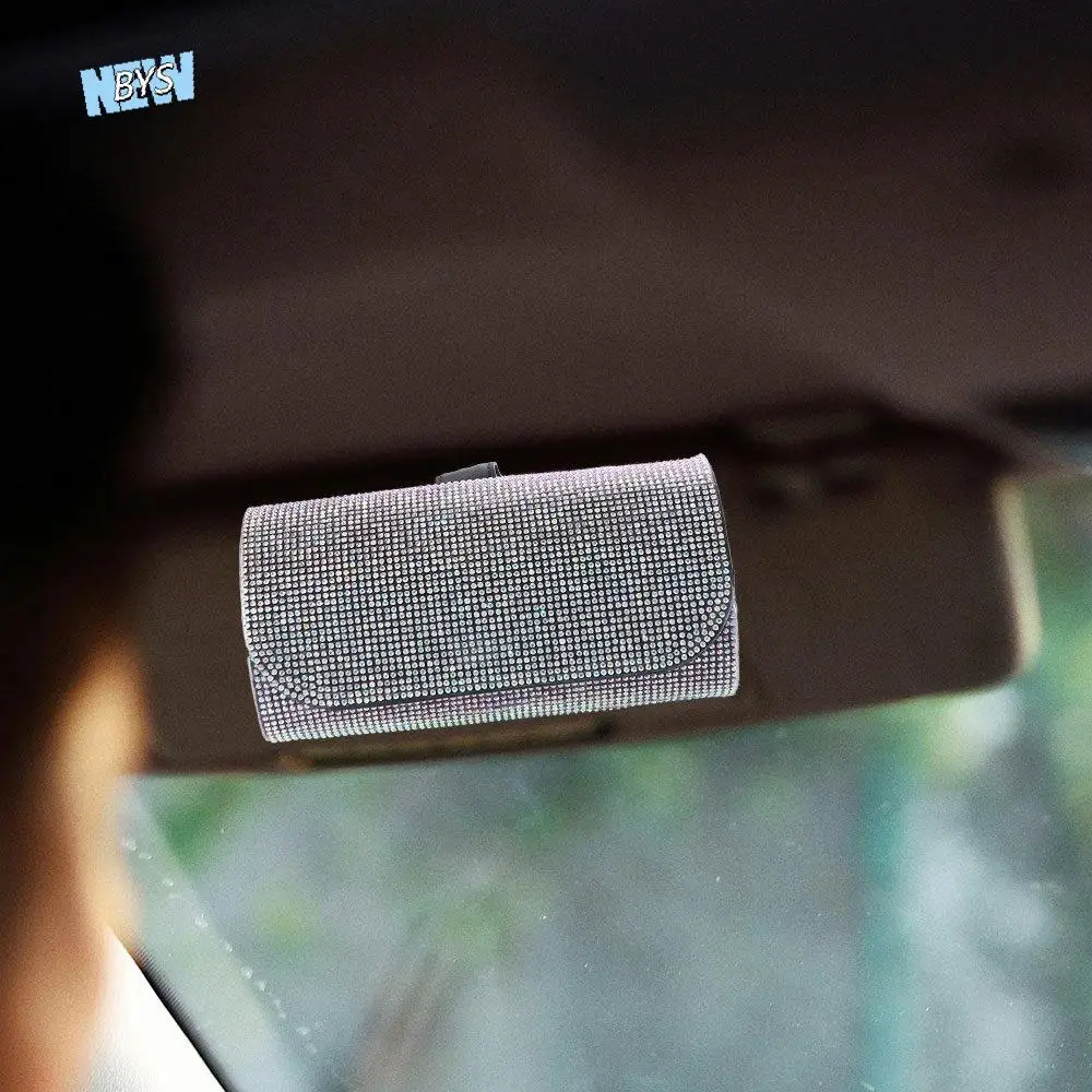 

Bling Sun Visor Glasses Case Rhinestone PU Leather Car Eyeglasses Holder Luxury Clip Organizer Sunglasses Storage Box