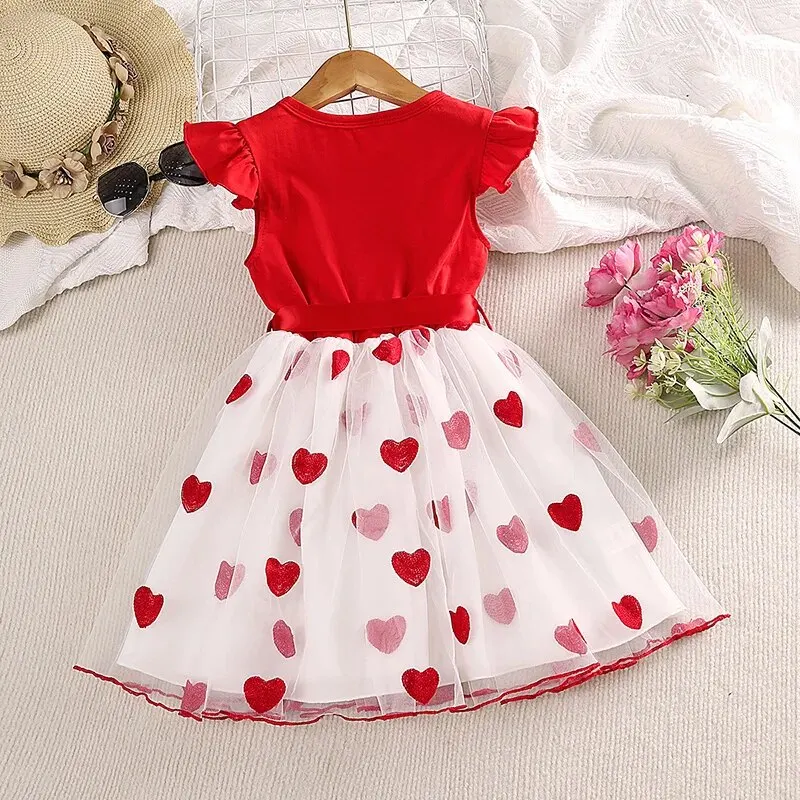 Kids Dress 4-7 Years Red Wing-Sleeve Heart Pattern Patchwork Tulle Dress Baby Girl Birthday Party Festival Costume