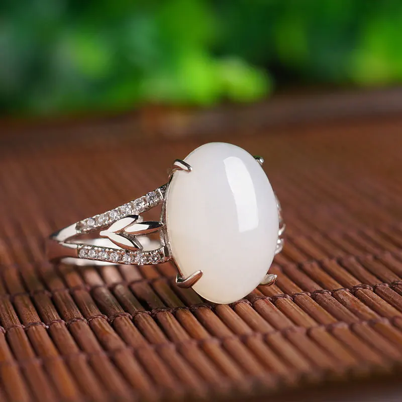Large Egg Noodle Hetian Jade 925 Adjustable Women's Ring with Certificate Vintage Jade Jewelry Pure Silver Inlaid White Jade Rin