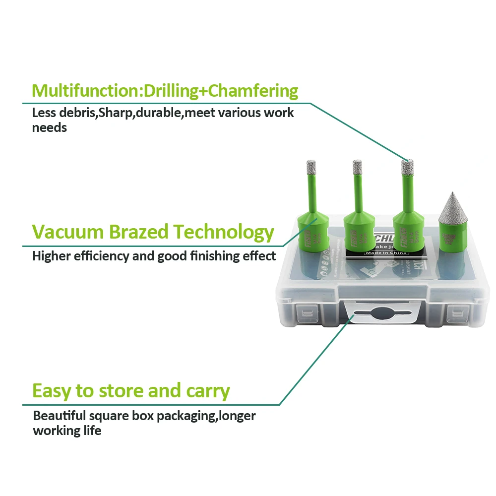 FACHLICH 4 pçs/Set M14 6 + 6 + 8mm Buraco Saw Diamante Brocas + 20mm Diamante Chanfro Caixa De Plástico Fresagem Telha De Perfuração Grés