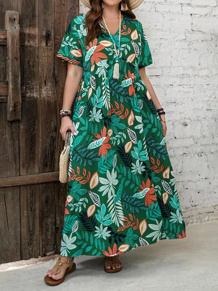 2024 Wiosna/Lato Nowa damska sukienka z nadrukiem, dekoltem w szpic, z krótkim rękawem, plus size, długa spódnica w dużych rozmiarach