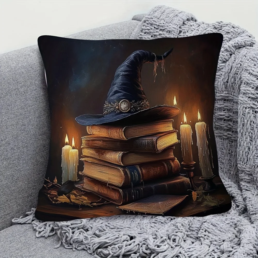 1pc Witch Hat & Book Pillow Cover, 18x18 Inch Super Soft Short Plush Double-Sided Print, Contemporary Room Decor