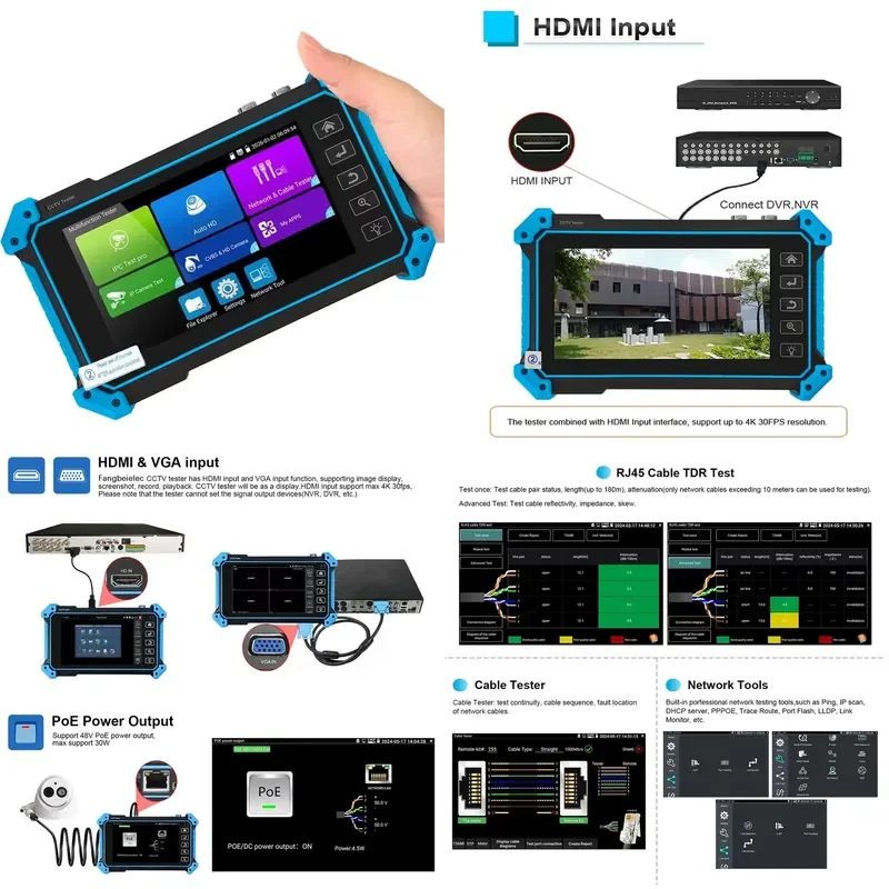 4K H.265 8MP DC 12V 24V Output RJ45 TDR Hybrid Analog Network Screen Mounting Tools IP Camera Cable Tester for CCTV