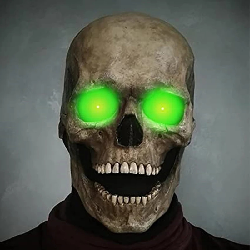 

Skull Head Mask with Battery LED Eyes Glowing Moving Mouth Skull Full Head Bone Cover Halloween Mouth Movable Mask Face Covering