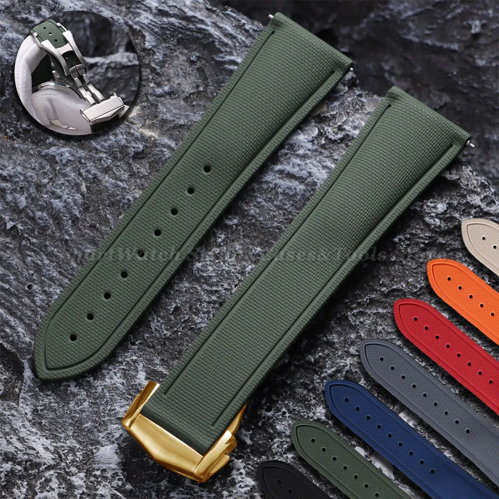 High Quality FKM Rubber Watch Strap Woven Pattern Sports Watch Band with Deployant Clasp 20mm 21mm 22mm Replacement Watchbands