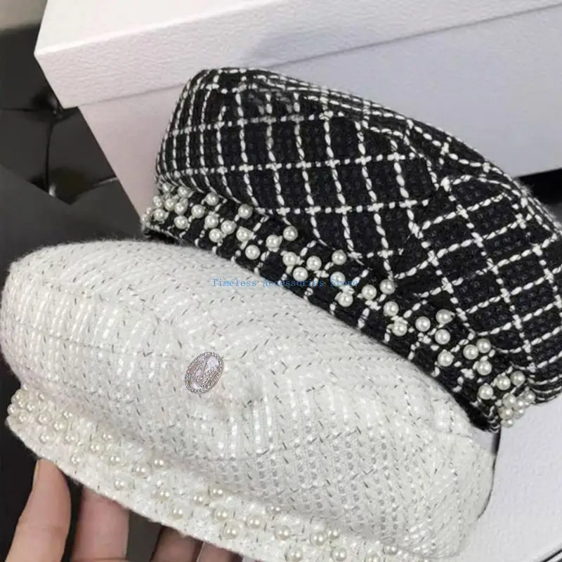 

97QE Sweet Tweed Literary Artist Hat Woman Warm Octagonal Hat All-match