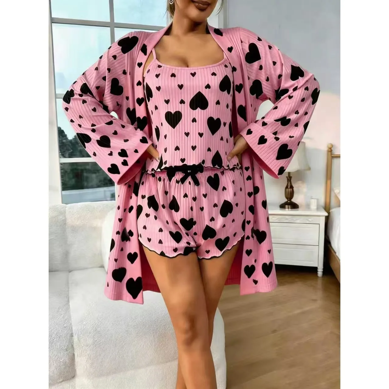 

3PCS underwear shorts robe Women Pajama Suit Fashion U-Neck Lace Sexy Lingerie Pyjamas Sleep Shorts Set Sleepwear New