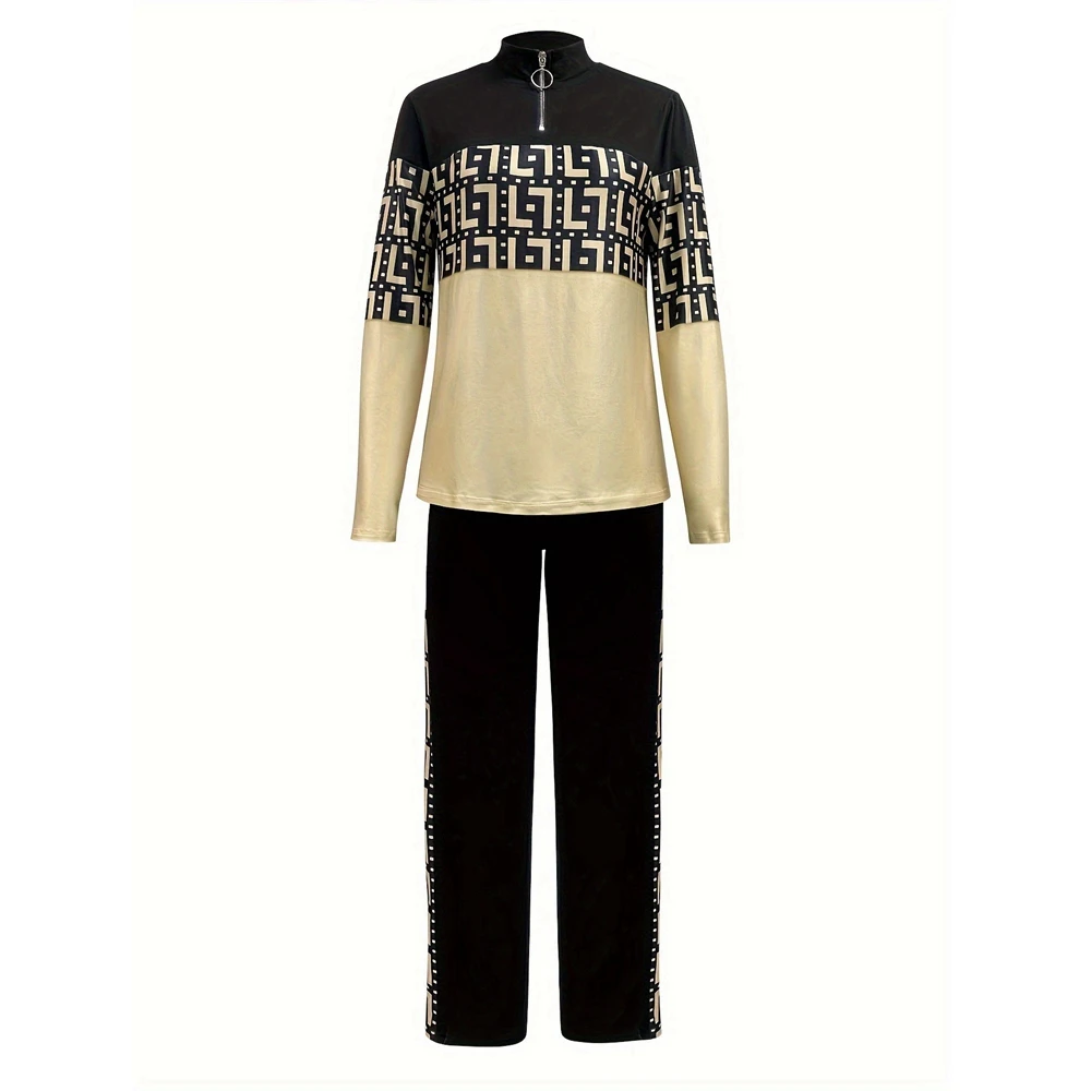 Costumes College géométriques pour femmes, fermeture éclair sur le devant, manches longues, ensemble haut et pantalon, décontracté, travail féminin,