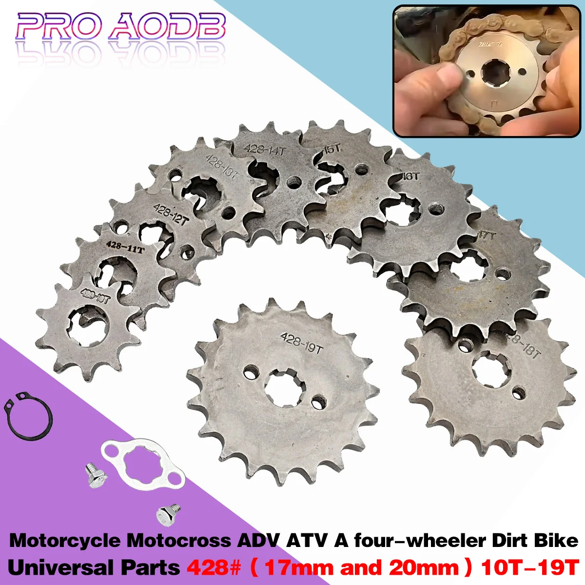 428# 17mm 20mm 10T 11T 12T 13T 14T 15T 16T 17T 18T 19T Teeth Front Engine Chain Sprocket With Retainer Plate Locker